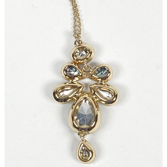 Colorful Rhinestone Statement Necklace Gold Tone Pendant Long Art Nouveau Style - Picture 4 of 8